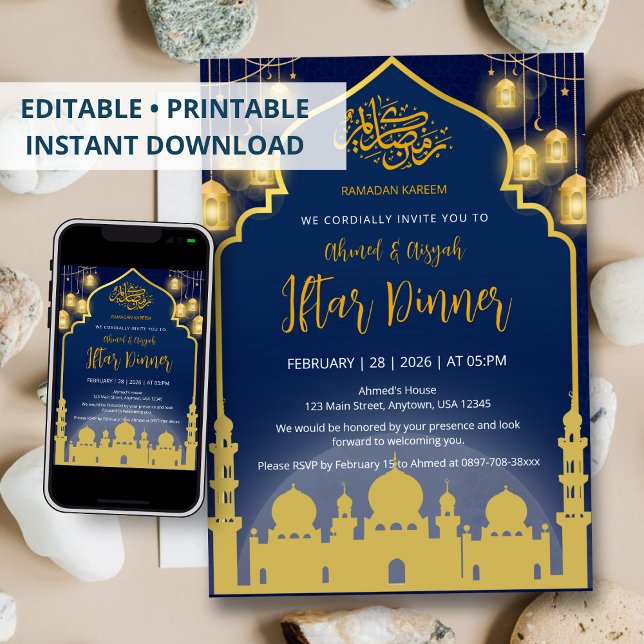 Invitation Luxury Navy Blue and Gold Mosque Iftar Dinner (Créateur téléchargé)