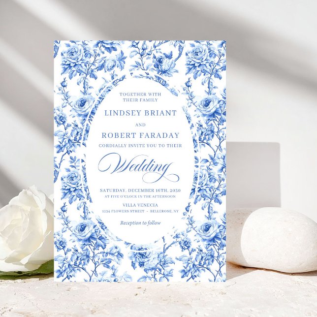 Invitation Luxury Navy Blue Toile Rose Floral Wedding Invite (Luxury Navy Blue Toile Rose Floral Wedding Invitation)