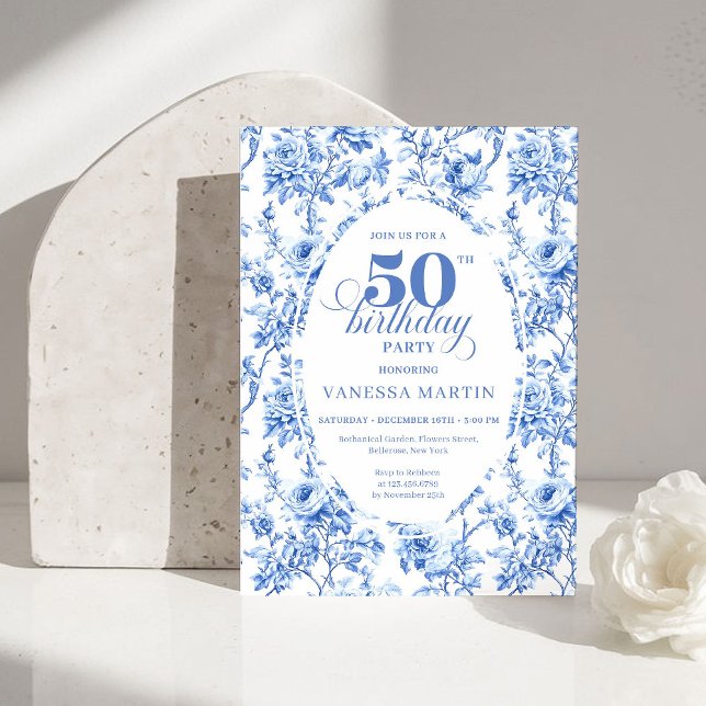 Invitation Luxury Navy Blue Toile Roses 50th Birthday Invite (Luxury Navy Blue Toile Roses 50th Birthday Invitation)