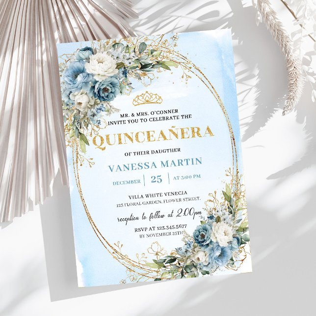 Invitation Luxury Pastel Blue Gold Eucalyptus Quinceañera (Luxury Pastel Blue Gold Eucalyptus Quinceañera)