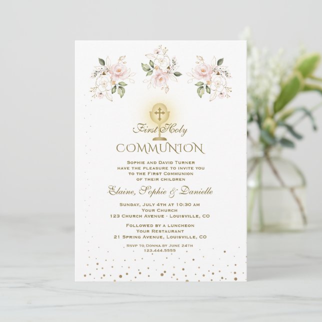 Invitation Luxury Pink Blush Floral Triplets Holy Communion (Debout devant)