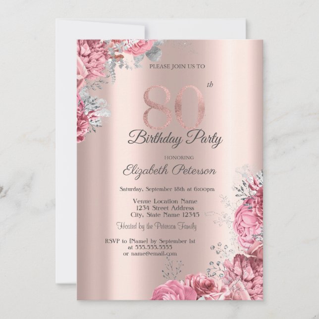 Invitation Luxury Pink Floral Rose Gold 80th Birthday Party (Devant)