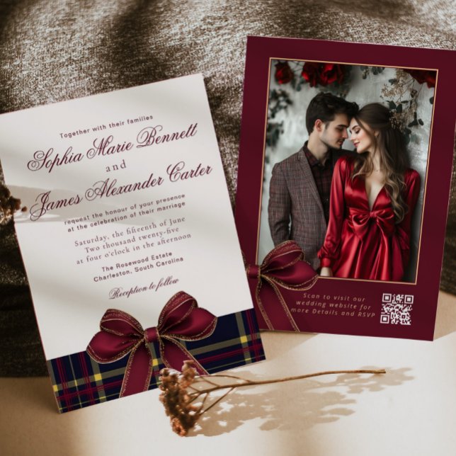 Invitation Luxury plaid Burgundy Bow Winter Photo Wedding (Créateur téléchargé)