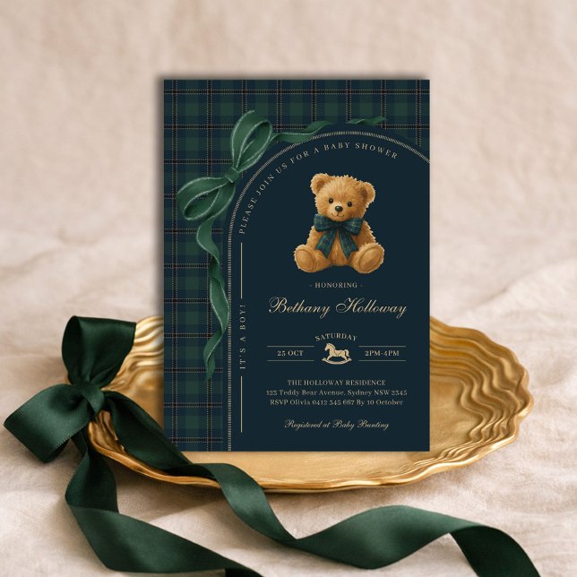 Invitation Luxury Polo Plaid Teddy Bear Boy Baby Shower (Créateur téléchargé)