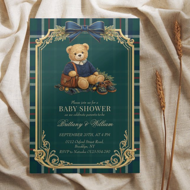 Invitation Luxury Preppy Teddy Bear Plaid Baby Shower  (Créateur téléchargé)