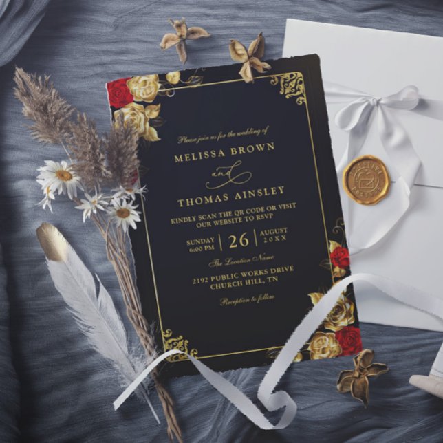 Invitation Luxury Red Gold and Black Elegant QR Code Wedding (Créateur téléchargé)