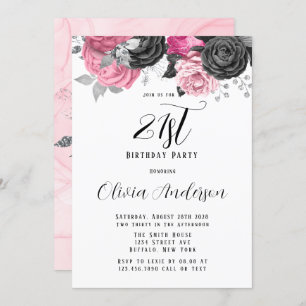Invitation Luxury Rose Black Florals 21e fête d'anniversaire