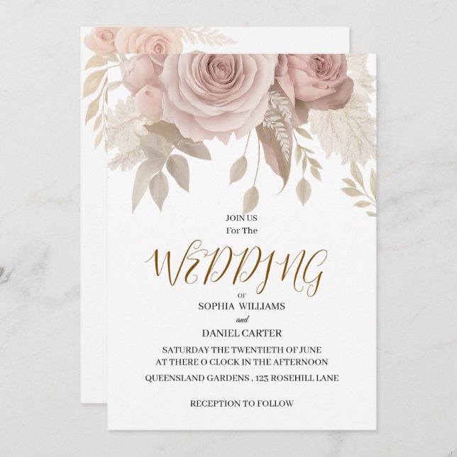 Invitation Luxury Rose Gold Blush Botanical Wedding Card (Devant / Derrière)