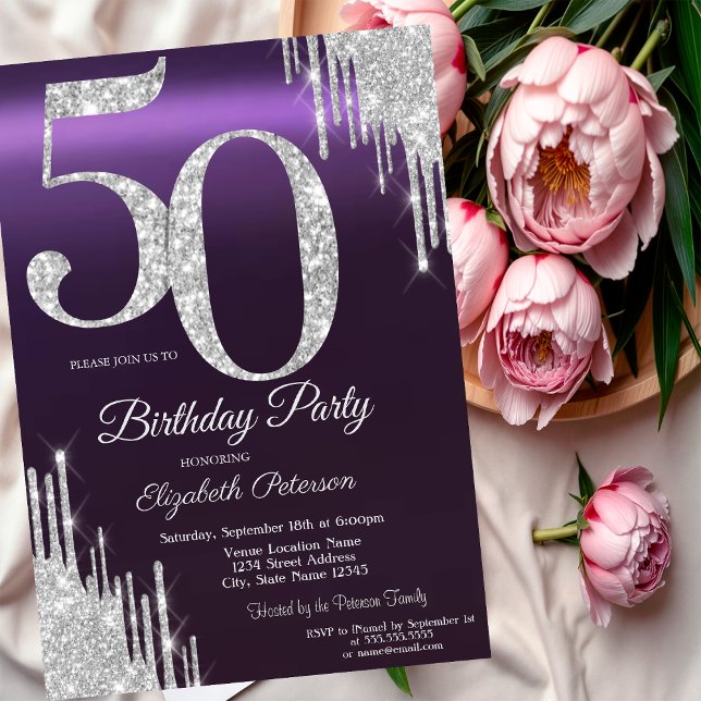 Invitation Luxury Silver Glitter Drips Purple 50th  (Créateur téléchargé)