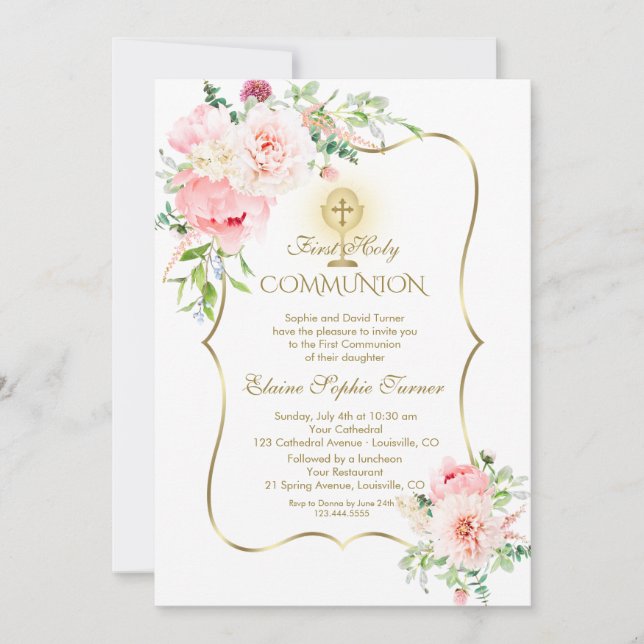 Invitation Luxury Spring Blush Floral Gold Holy Communion (Devant)