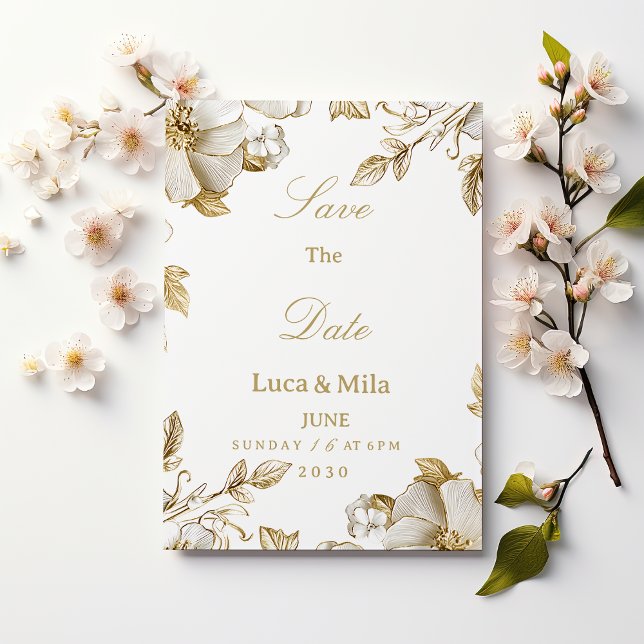 Invitation Luxury white and gold floral Save the Date (Luxury white and gold floral Save the Date)