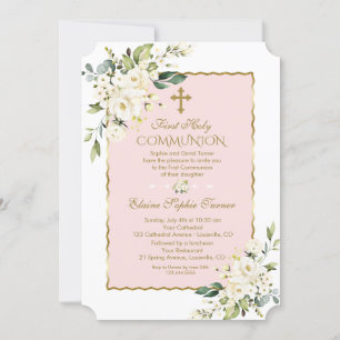 Invitation Luxury White Flowers Gold First Holy Communion