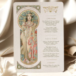 Invitation Luxus Menu Mariage Art Nouveau par Mucha<br><div class="desc">Ajoutez une touche d'élégance et de sophistication à votre réception de mariage avec ce menu Mariage Art Nouveau. L'aquarelle présente l'un des Muses de Mucha tenant un verre de champagne, créant un sentiment de luxe et de fête. Le style Art Nouveau se caractérise par ses lignes fluides et ses motifs...</div>