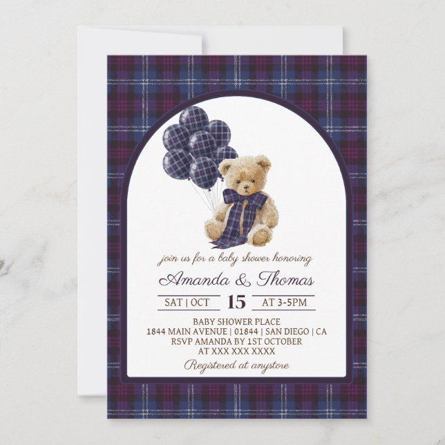 Invitation Lxury Bear Balloons Plaid Baby Shower (Devant)