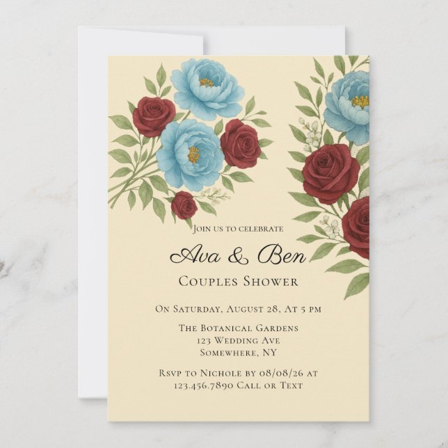 Invitation Lyons Blue Peony et Red Roses (Devant)