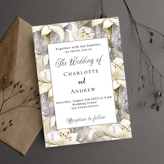 Invitation Lys blancs floraux argent rétro luxe mariage (Créateur téléchargé)