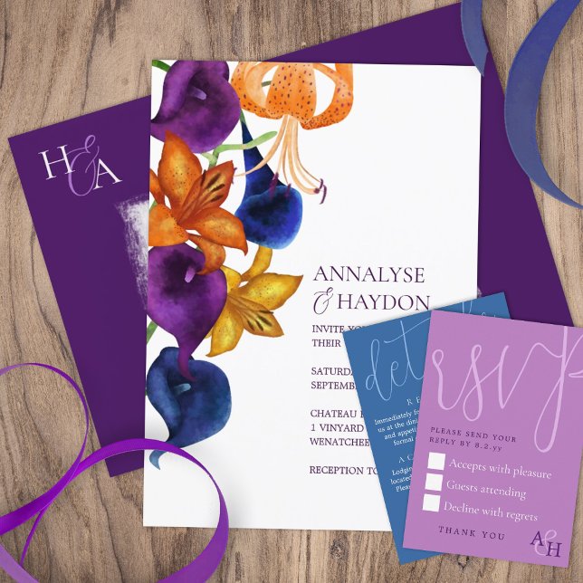 Invitation Lys de tigre orange, Plum violet, Mariage bleu (plum purple blue calla lilies lily orange gold tiger lily fall season floral flowers invitations)