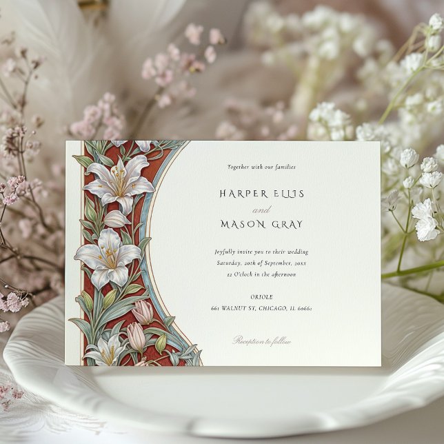Invitation Lys élégants Art Nouveau Mariage Rouge ivoire (Créateur téléchargé)