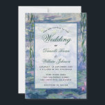 Invitation Lys Floral Water Monet Peinture Élégante Mariage<br><div class="desc">Cette invitation botanique a comme arrière - plan un nénuphar peint par Claude Monet (maintenant dans le domaine public). Le texte est dans un rectangle blanc transparent. L'occasion "Mariage" et les noms sont écrits dans un élégant script calligraphique bleu,  le reste en petits casquettes noirs.</div>