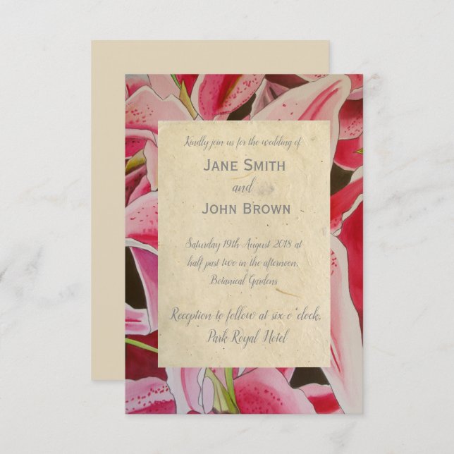 Invitation Lys rose mariage aquarelle art rustique (Devant / Derrière)