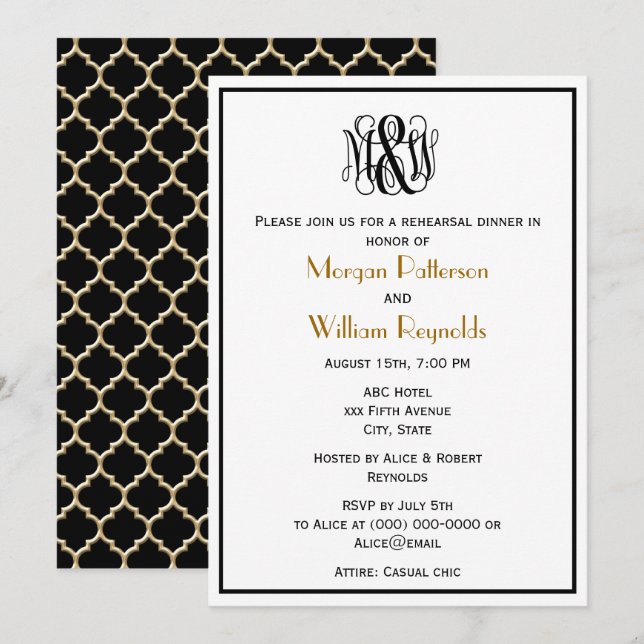 Invitation M Black Vine Script Monogram B&G DIY BG Répétition (Devant / Derrière)