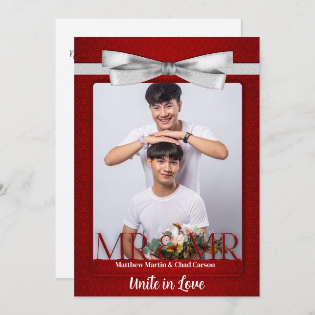 Invitation M. et M. Red Damask Mariage photo Deux pièces (Devant / Derrière)