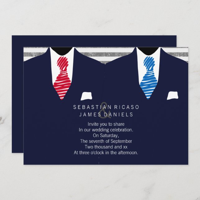 Invitation M. et M. Suit et Cravate Mariage gay (Rouge bleu) (Devant / Derrière)