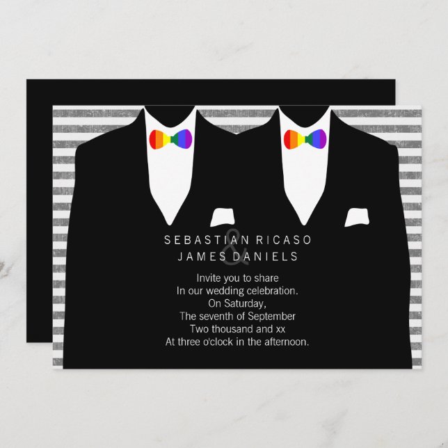 Invitation M. et M. Suit et Rainbow Bow Cravate Mariage gay (Devant / Derrière)