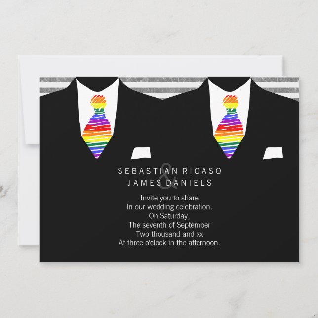 Invitation M. et M. Suit et Rainbow Cravate Mariage gay (Devant)