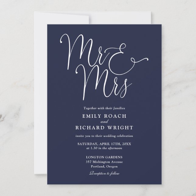 Invitation M. Et Mme Elegant Script Mariage bleu de la Marine (Devant)