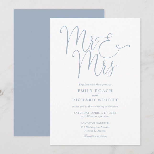 Invitation M. et Mme Elegant Script Mariage Bleu Poussiéreux (Devant / Derrière)