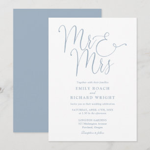 Invitation M. et Mme Elegant Script Mariage Bleu Poussiéreux