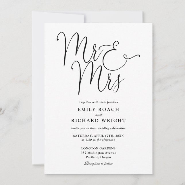 Invitation M. Et Mme Elegant Script Mariage noir et blanc (Devant)