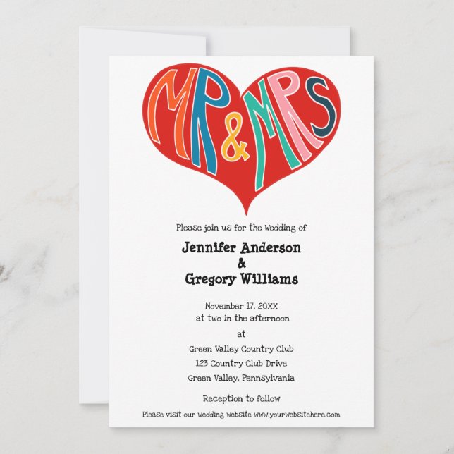 Invitation M. et Mme Mariage en forme de coeur rouge et blanc (Devant)