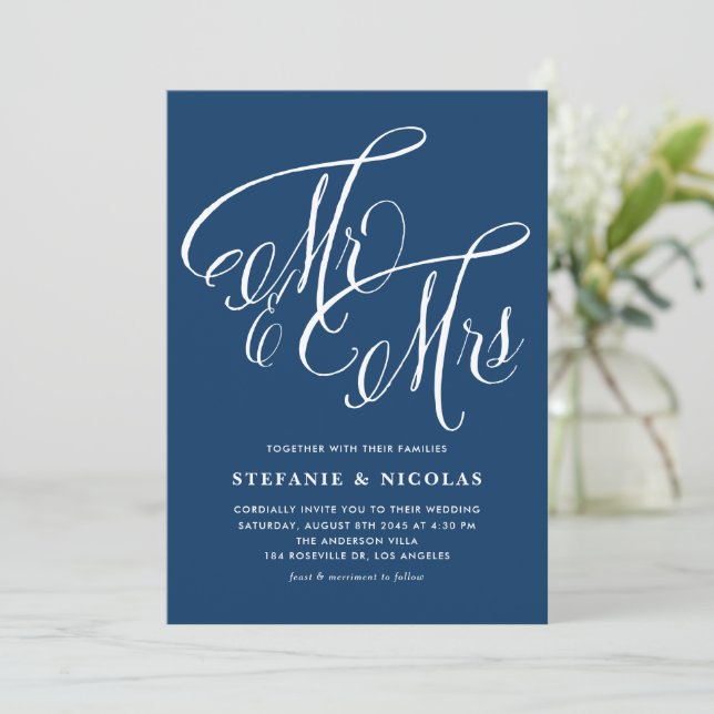 Invitation M. et Mme Rustic Calligraphy Mariage bleu de la ma (Debout devant)