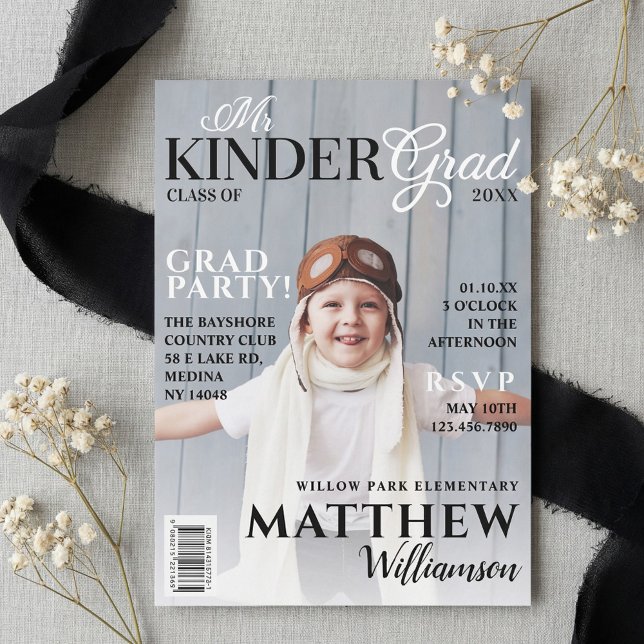 Invitation M. Kinder Grad Black Photo Magazine Couverture (Mr. Kinder Fun Graduation Photo Magazine Cover Invitation)