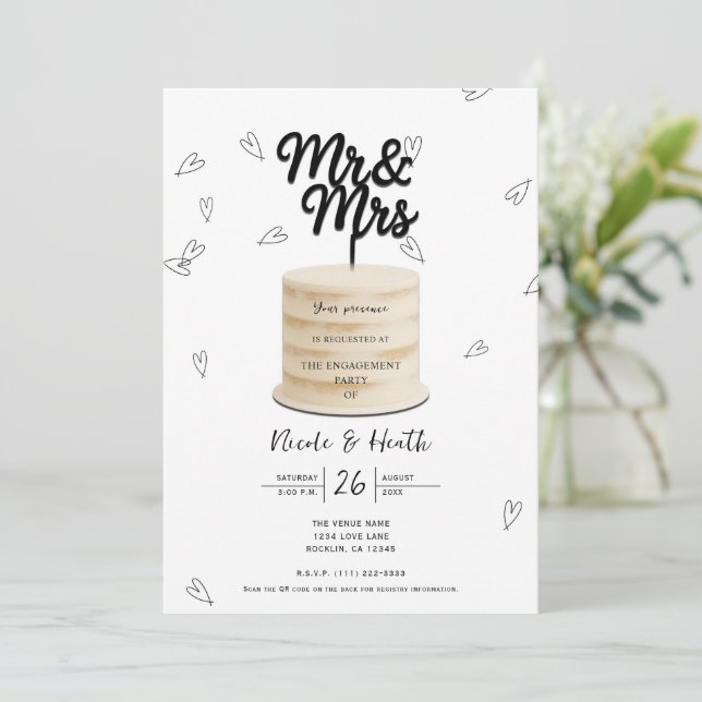 Invitation M. & Mme Cake & Hearts Noir Blanc Fiançailles (Debout devant)