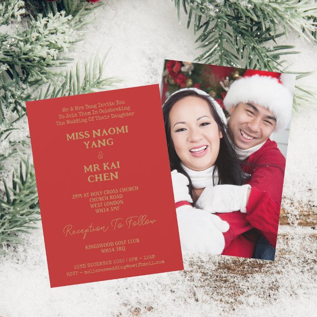 Invitation M. & Mme Elegant Mariage rouge de script or (Front And Back)