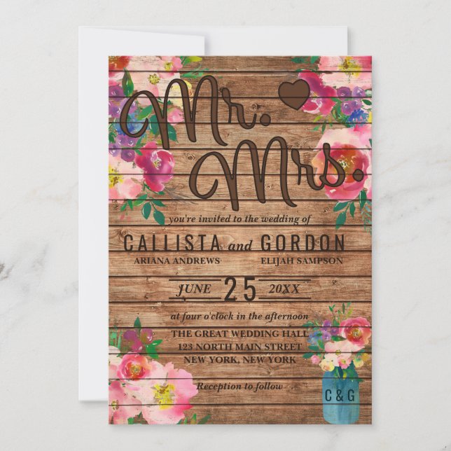 Invitation M. Mme Rustic Rose Floral Wood Mason Jar Mariage (Devant)