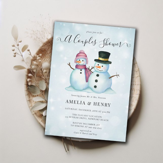 Invitation M. Mme Snowman Funny Winter Couples Fête des marié (couples shower winter bridal mr mrs snowman funny cute invitation watercolor blue pink casual coed )