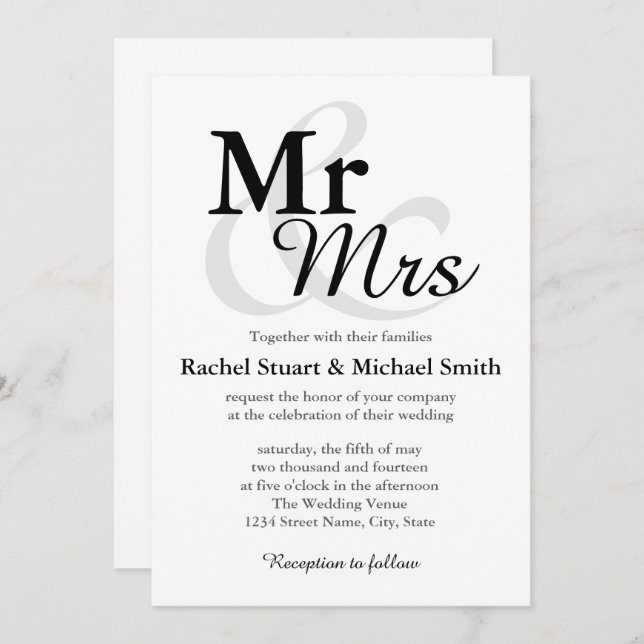 Invitation M. &Mrs Simple Elegant Mariage de typographie (Devant / Derrière)