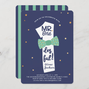 Invitation M. One derful Bowtie Navy & Green 1er anniversaire