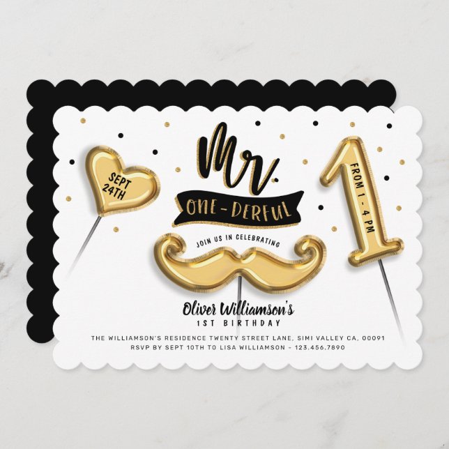 Invitation M. One derful Gold Foil Balloon 1er Anniversaire P (Devant / Derrière)