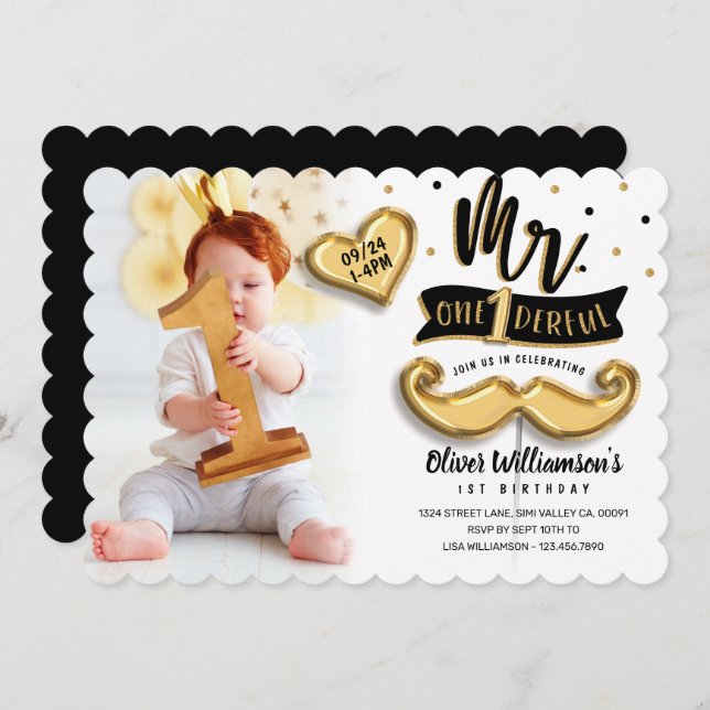 Invitation M. One derful Gold Foil Balloon 1er Anniversaire P (Devant / Derrière)