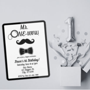 Invitation M. ONE-derful moustache et bowtie 1er anniversaire