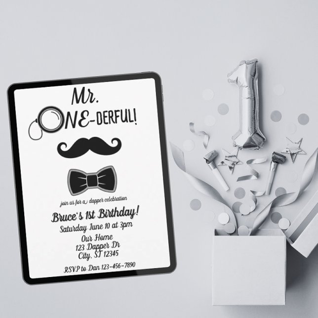 Invitation M. ONE-derful moustache et bowtie 1er anniversaire (Créateur téléchargé)