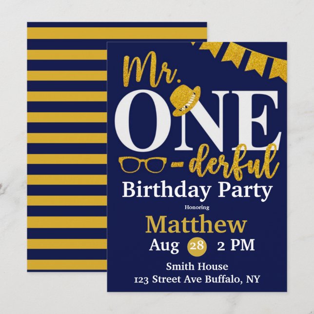 Invitation M. One-derful Navy et Gold Birthday Party (Devant / Derrière)