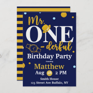 Invitation M. One-derful Navy et Gold Birthday Party Invita