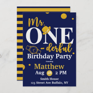 Invitation M. One-derful Navy et Gold Birthday Party Invita