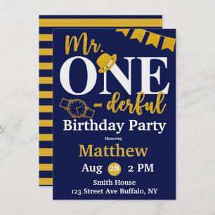 Invitation M. One-derful Navy et Gold Birthday Party Invita
